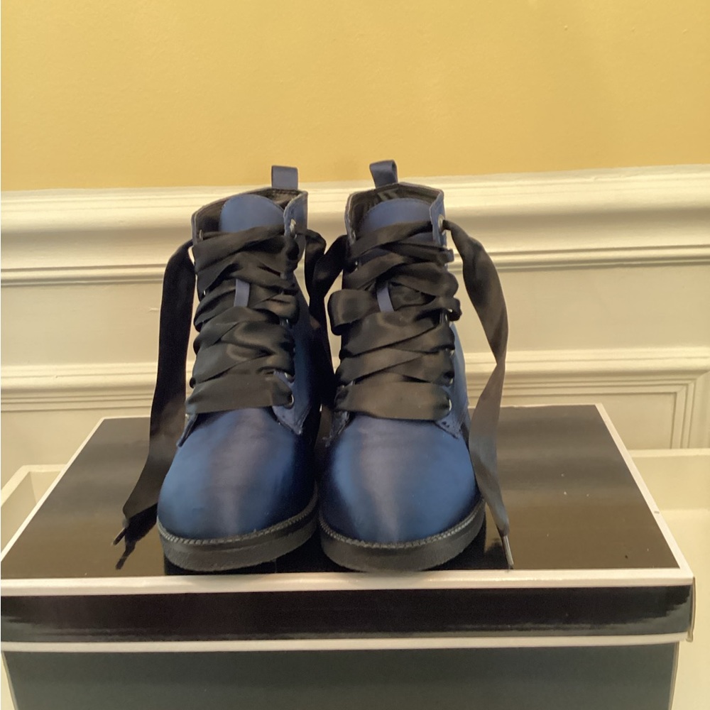 Dirty Laundry Rosario Blue Satin combat Boot With Black Satin Lace-up.  (Navy)